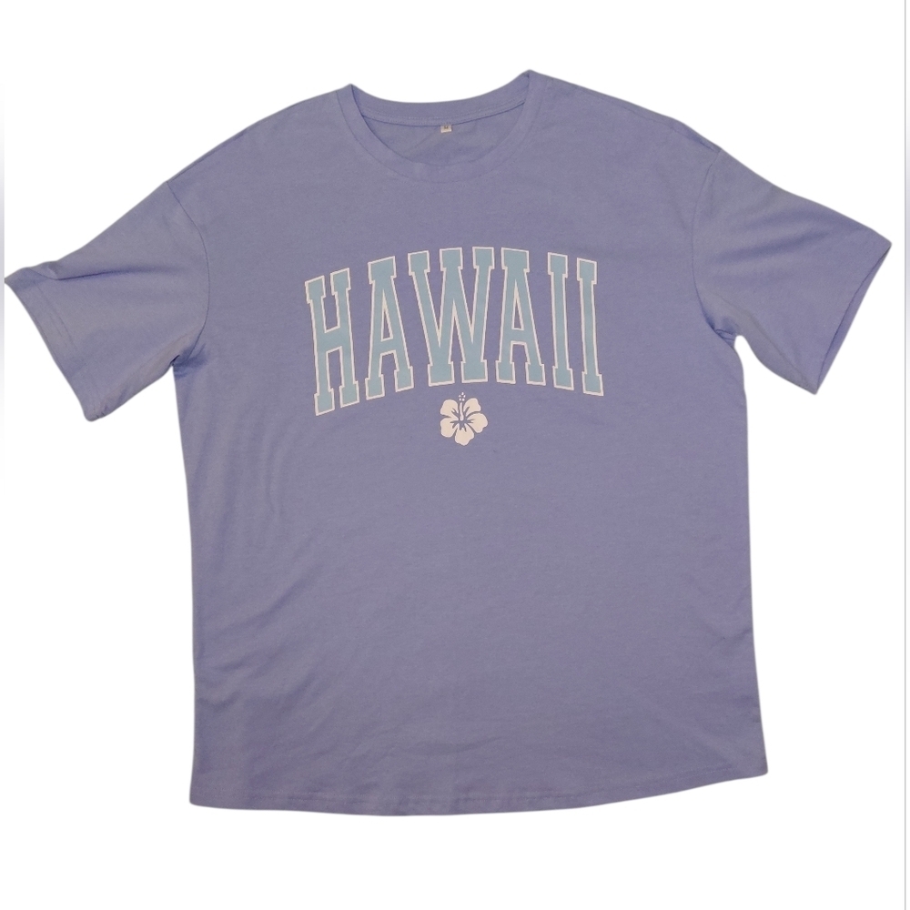 Hawaii Graphic T-Shirt Periwinkle Blue Tropical Hibiscus Flower Shrt Sleeve Sz M